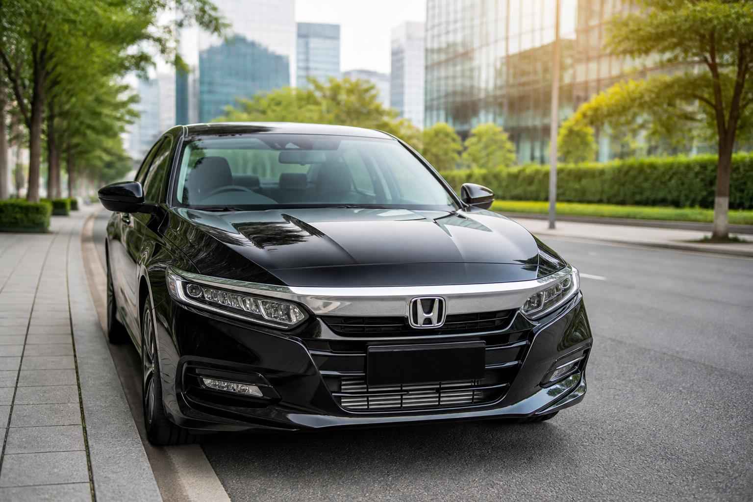 Czarna Honda Accord zaparkowana przy miejskiej ulicy wśród drzew i nowoczesnych biurowców