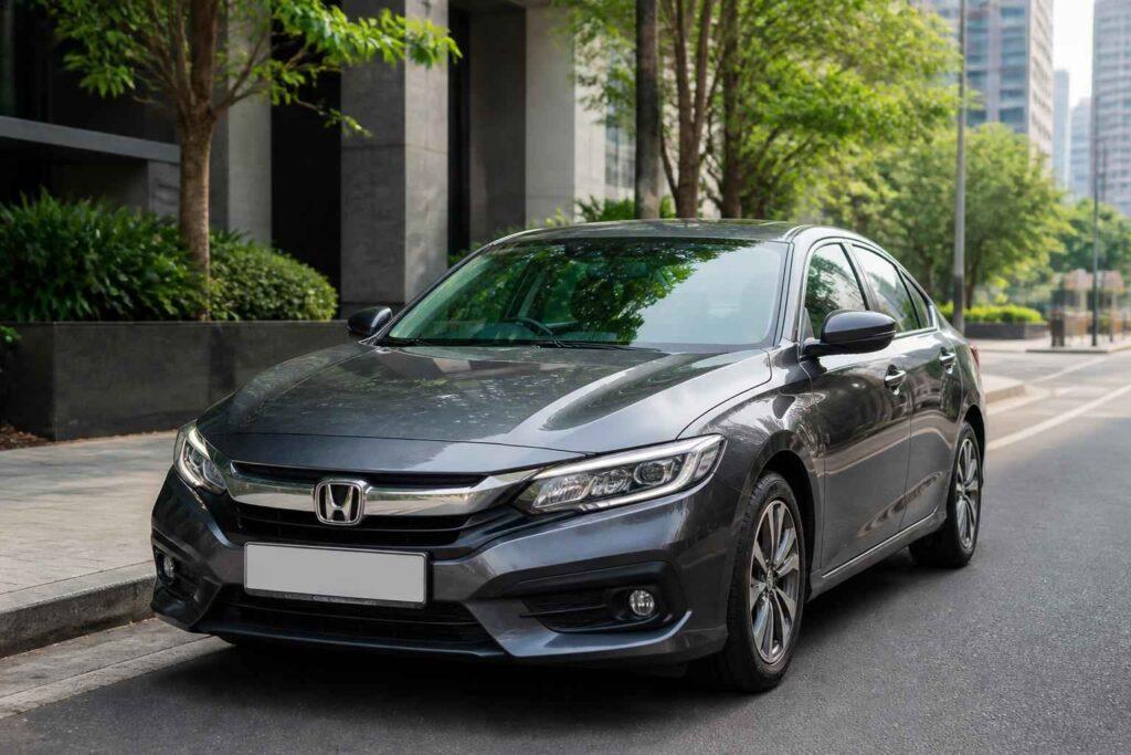 Szara Honda Civic zaparkowana przy ulicy wśród zieleni i nowoczesnych budynków miejskich